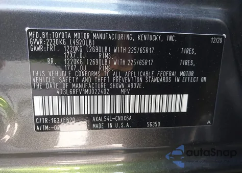 2021 Toyota Rav4 Hybrid Le из США, поврежденный, VIN 4T3L6RFV1MU022402